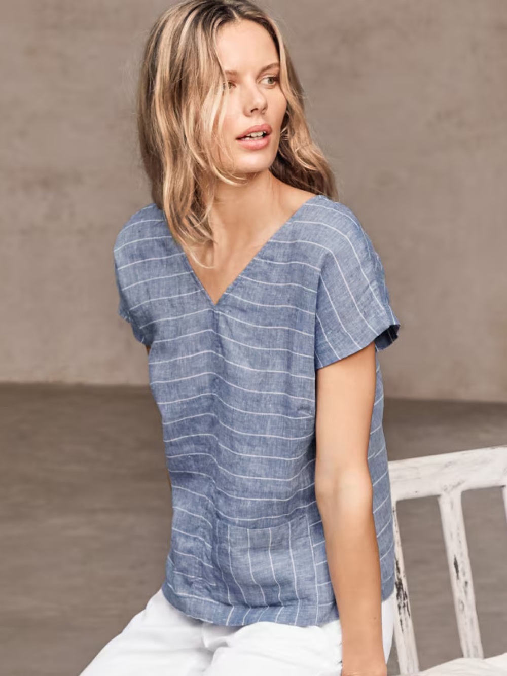 Garnet Hill Blue and White Stripe Short Sleeve Linen Top Size M?